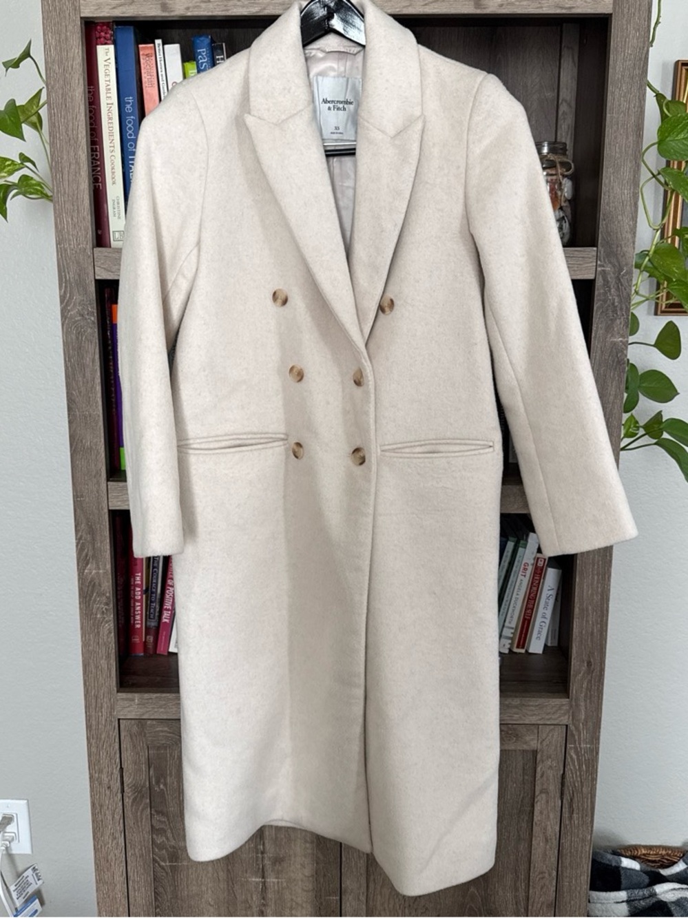 Abercrombie & Fitch Women's Cream Double-Breasted Long Wool Trench Coat